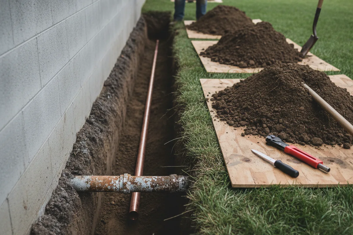 Excavated water line trench during Sewer Line Repair in Denton